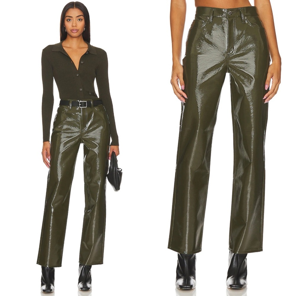 Pistola Cassie Olive Faux Leather High-Rise Straight-Leg Pants